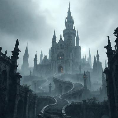 The primary subject of the image is a large, old castle with a winding staircase leading to the top. The setting is a dark, foggy night, creating a mysterious and eerie atmosphere. The visual style is a combination of photo and digital art, giving the image a unique and intriguing appearance. The dominant colors are dark shades of gray, black, and white, with some hints of red and orange from the castle's architecture.